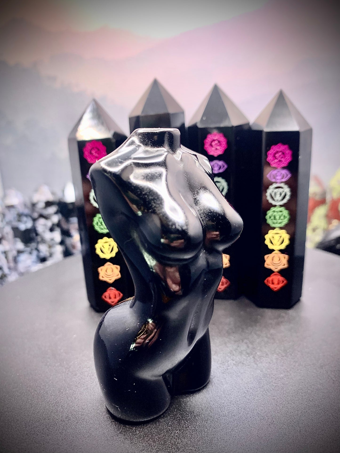 Black Obsidian Tower with Chakra Symbols