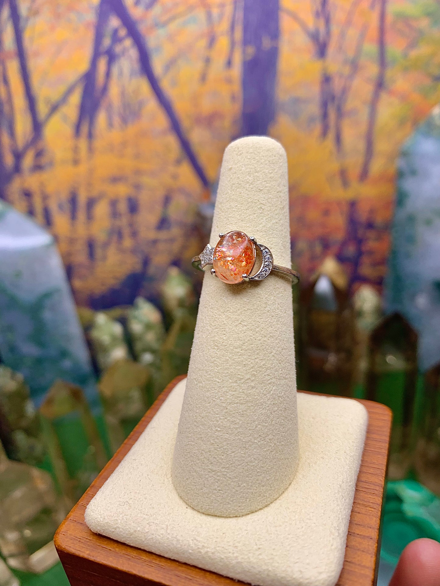 Golden Sunstone Ring in Sterling Silver with Moon & Star