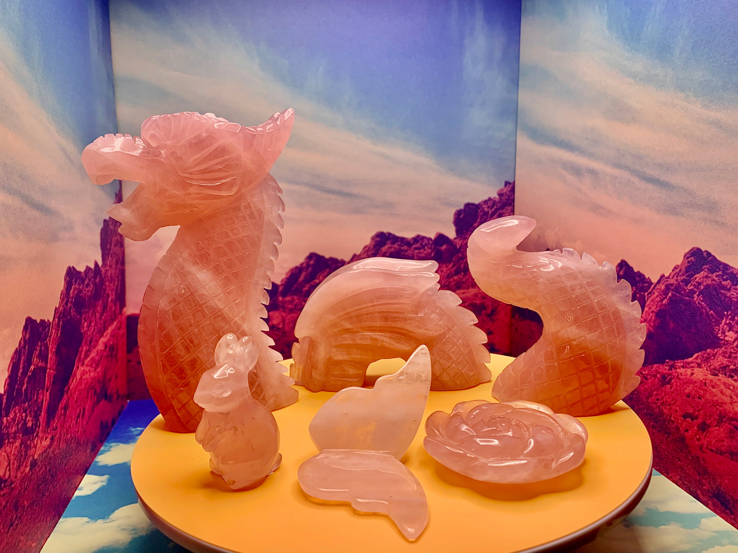 Rose Quartz 3-Piece Dragon Carving