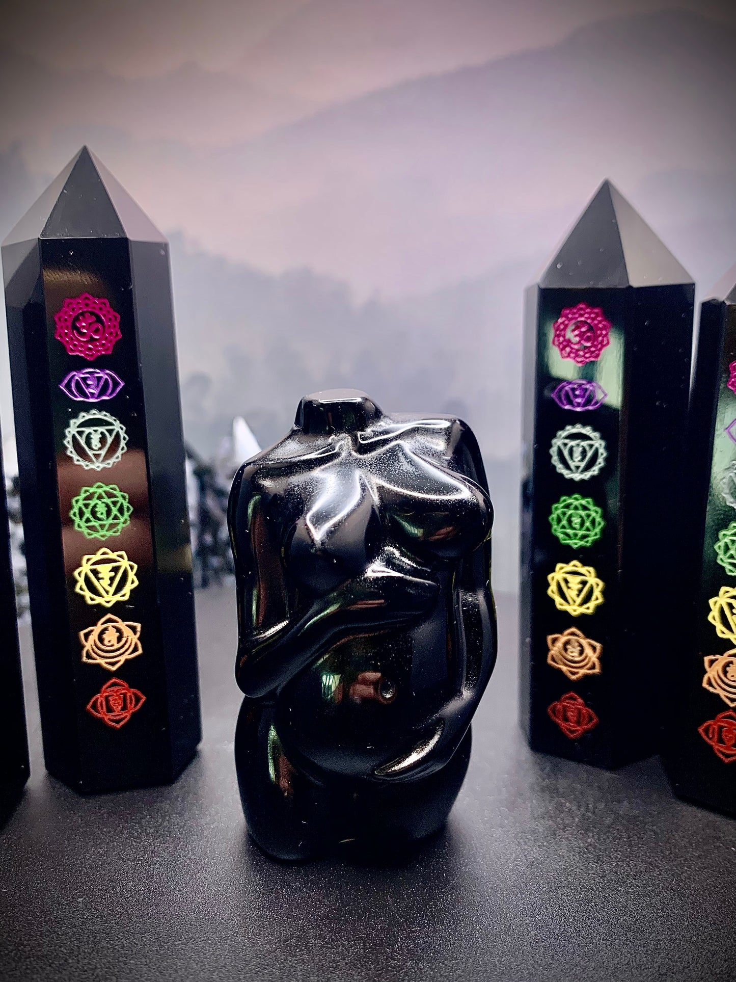 Black Obsidian Tower with Chakra Symbols