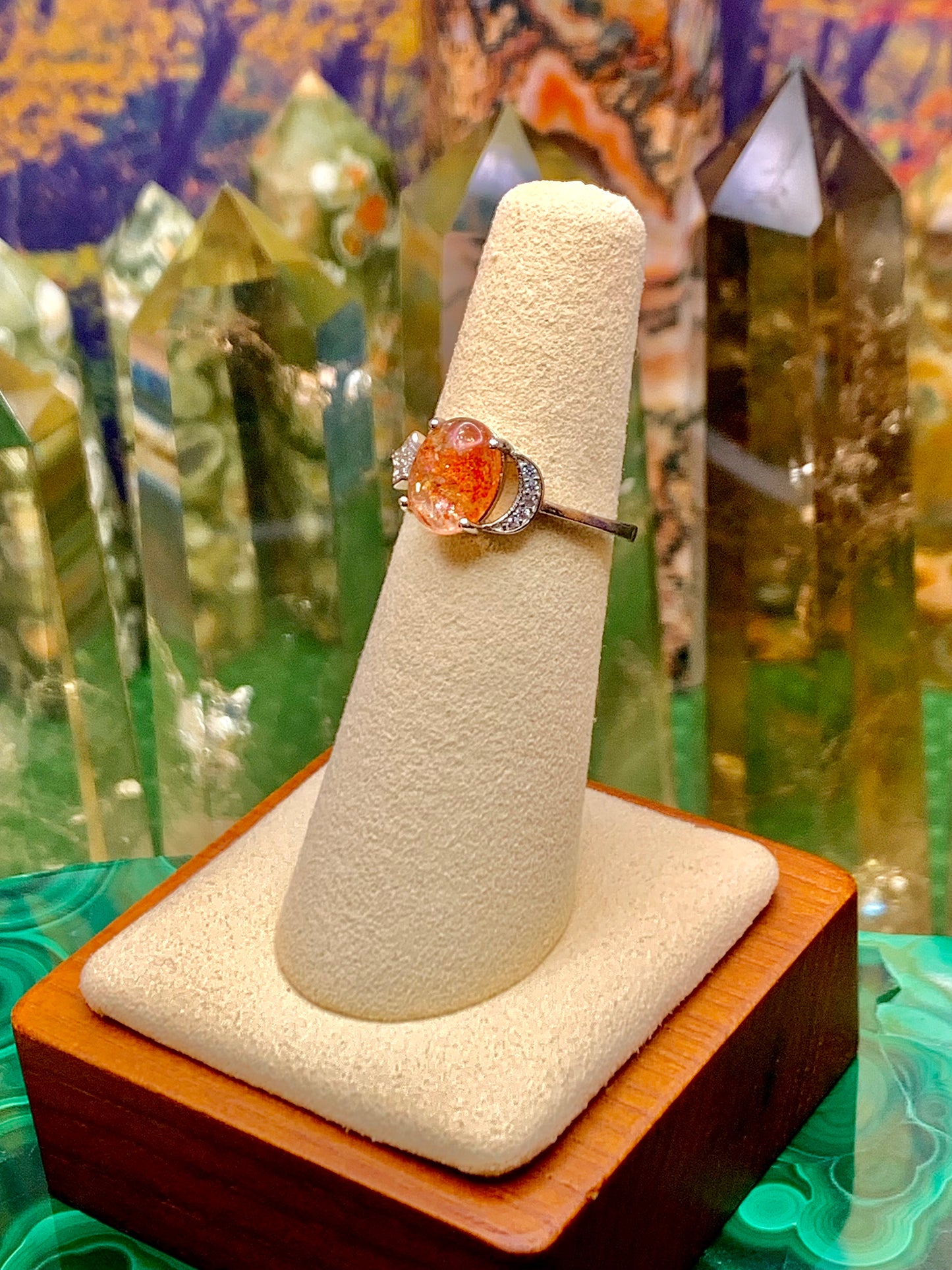 Golden Sunstone Ring in Sterling Silver with Moon & Star